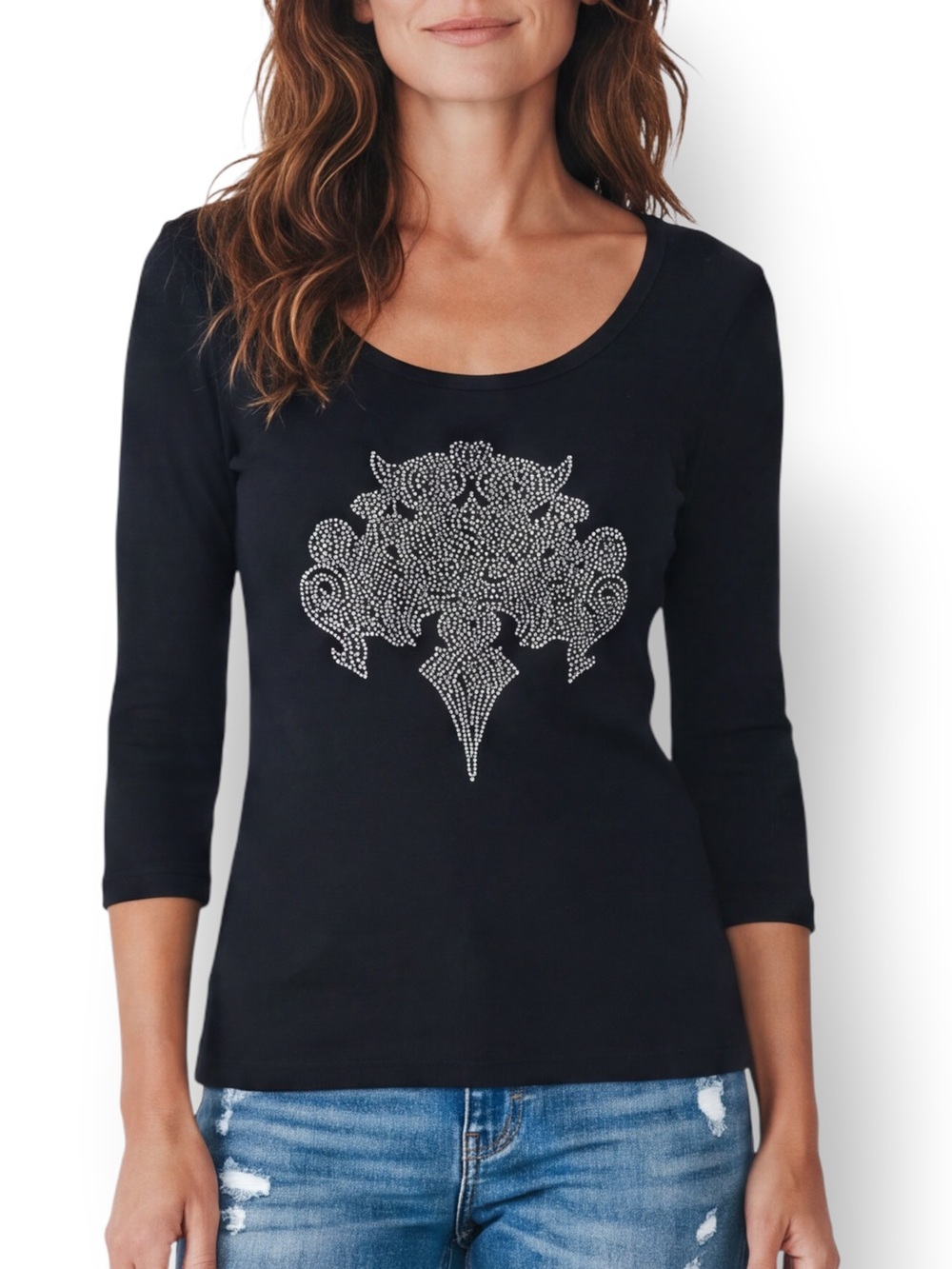 4/$20 Reba Black Rhinestone Scroll Ribbed Scoop Neck Top Size Small Made in USA